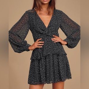 Lulu’s Tell You I Love You Black Floral Print Twist-Front Mini Dress